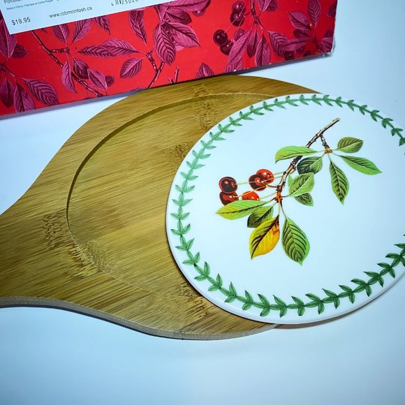 Vintage Oval Wood Board Paddle Ceramic Cheese Pate Cherries by McIntosh - Picture 3 of 3